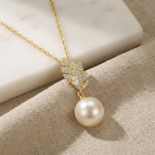Leaf an Impression — Pearl & Leaf Motif Pendant, 925 Sterling Silver