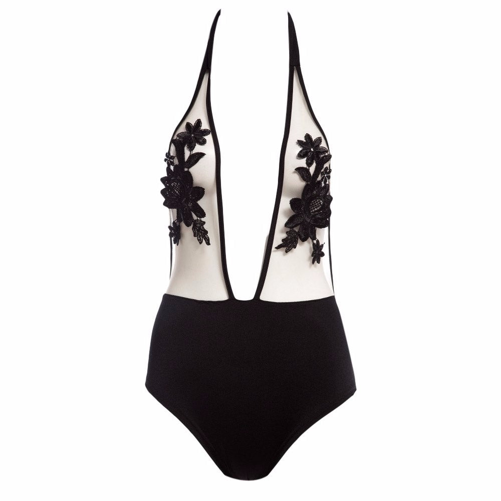 Embroidered Allure — Halter Siamese Bikini Lingerie
