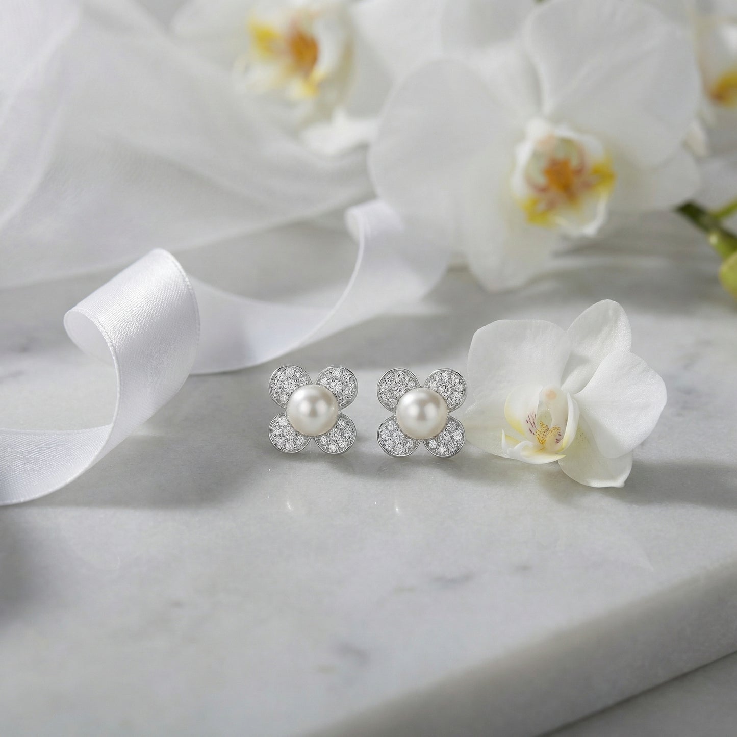 Pearl-fection — S925 Four-Petal Pearl Stud Earrings