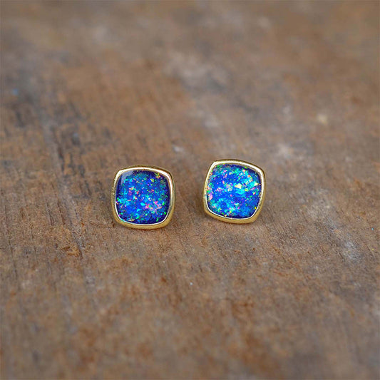 Opal-timistic Style — Square Blue Opal Natural Stone Stud Earrings