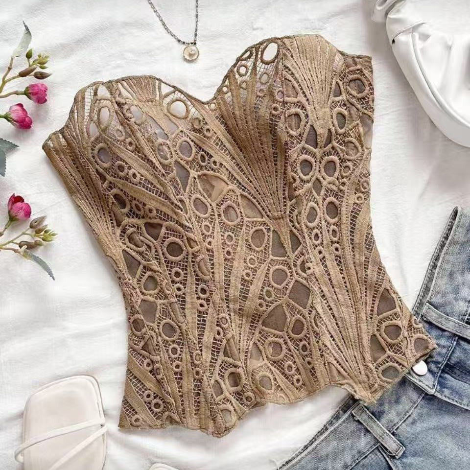 Corset-tial — Irregular Lace Fishbone Mesh Corset Top