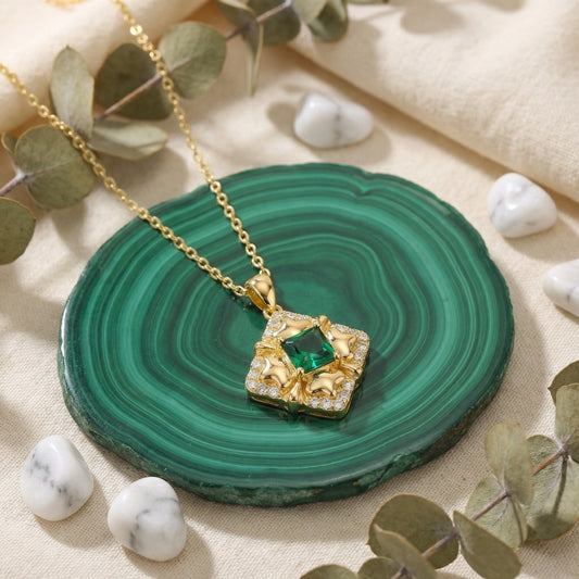 Emerald Envy — Silver Green Square Gemstone Necklace