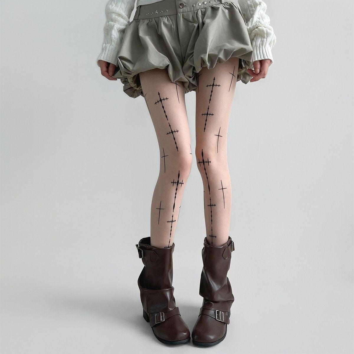 Cross My Heart — Printed Cross Black Silk Pantyhose