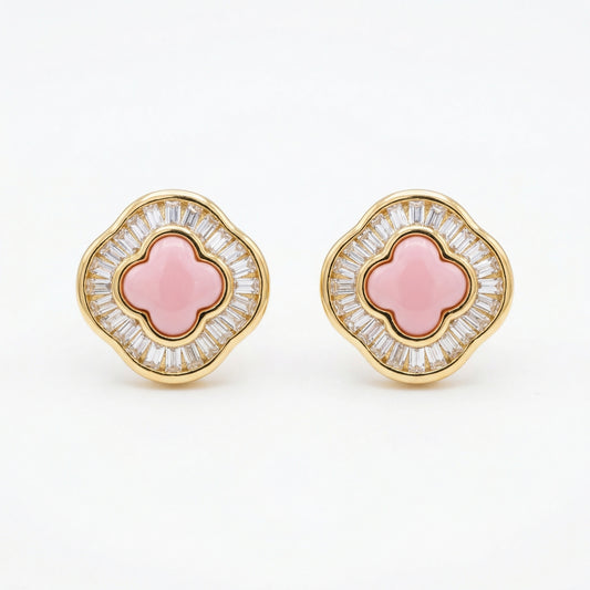 Pink Clover Power — Silver Baguette Clover Studs