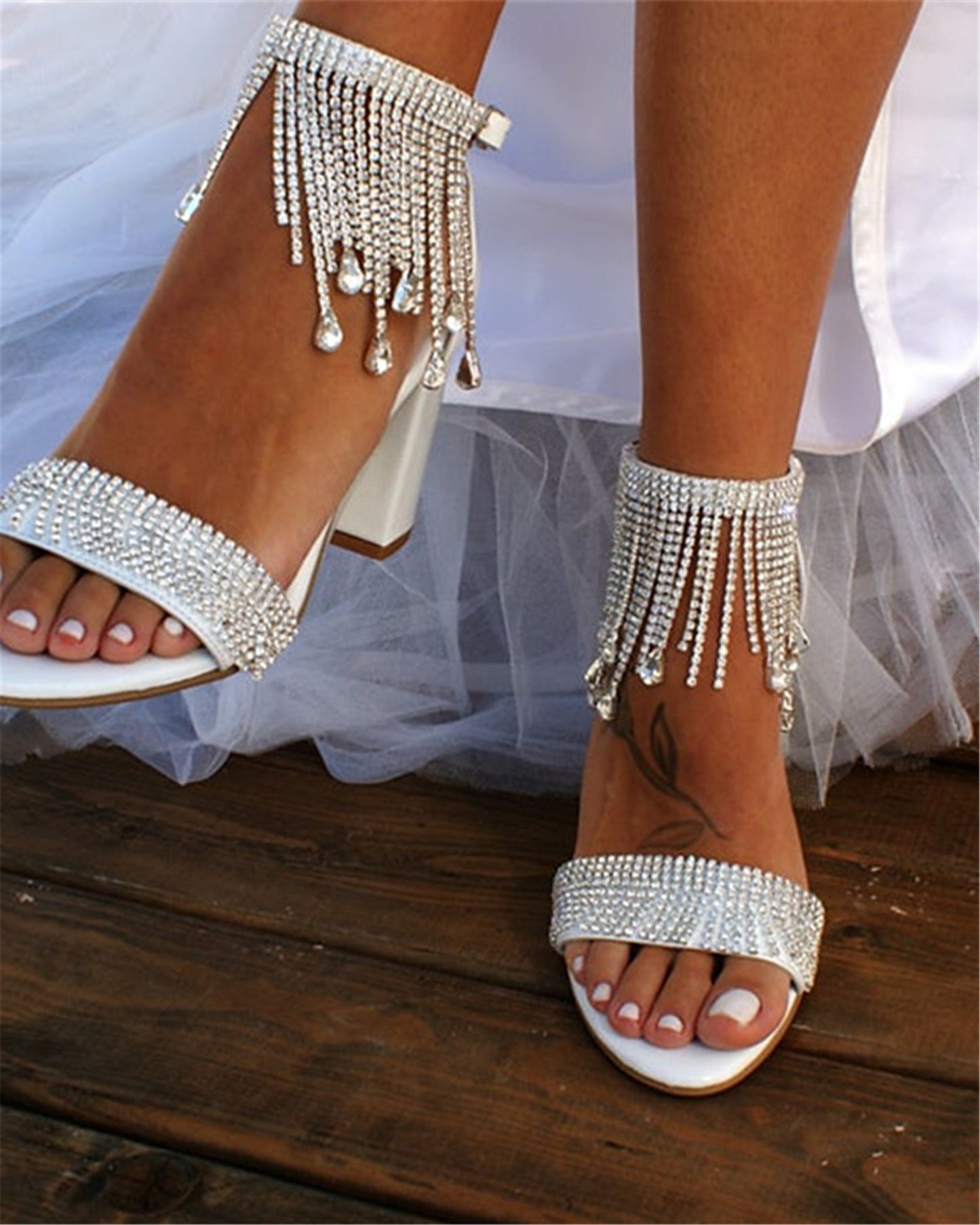 Shine On — Rhinestone Chain Chunky Heel Sandals