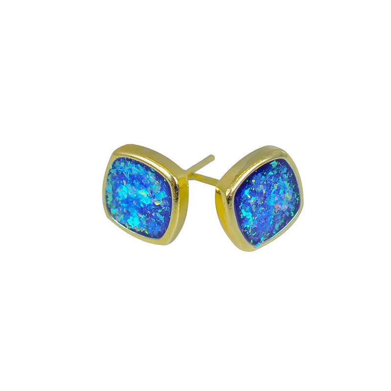 Opal-timistic Style — Square Blue Opal Natural Stone Stud Earrings