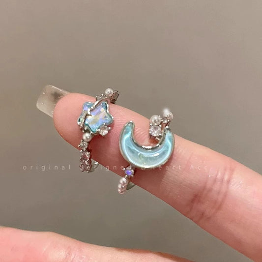 Starlight Style — Glacier Blue Star Moon Open Ring for Women