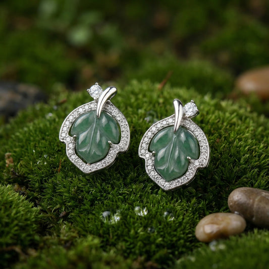 Jade Nouveau — 925 Silver Carved Green Jade Leaf Studs, Sparkle Halo