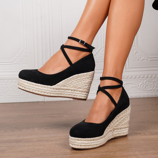 Woven Wonders — Ankle Strap Straw Wedge Platform Shoes