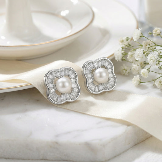 Clover's Luck — Silver Pearl & Zirconia Stud Earrings