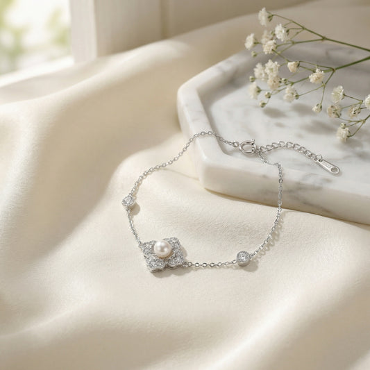 Flower Child — Silver Pearl & Zirconia Accented Bracelet