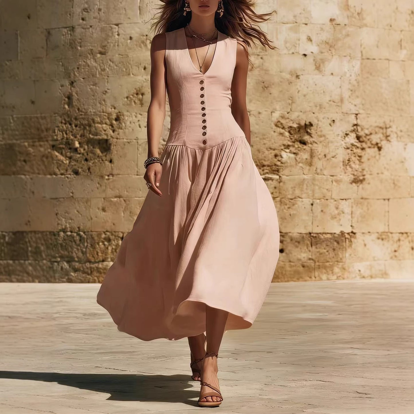 Button Up, Buttercup — V-Neck Cotton-Linen Dress