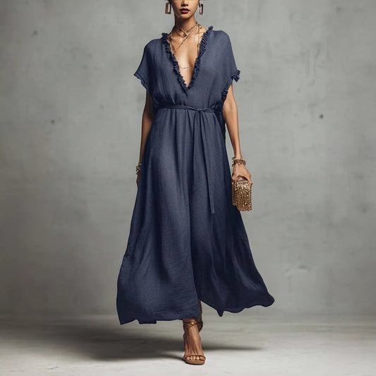 V-laxed Vibes — Loose-fit V-neck Casual Chic Womens Dress