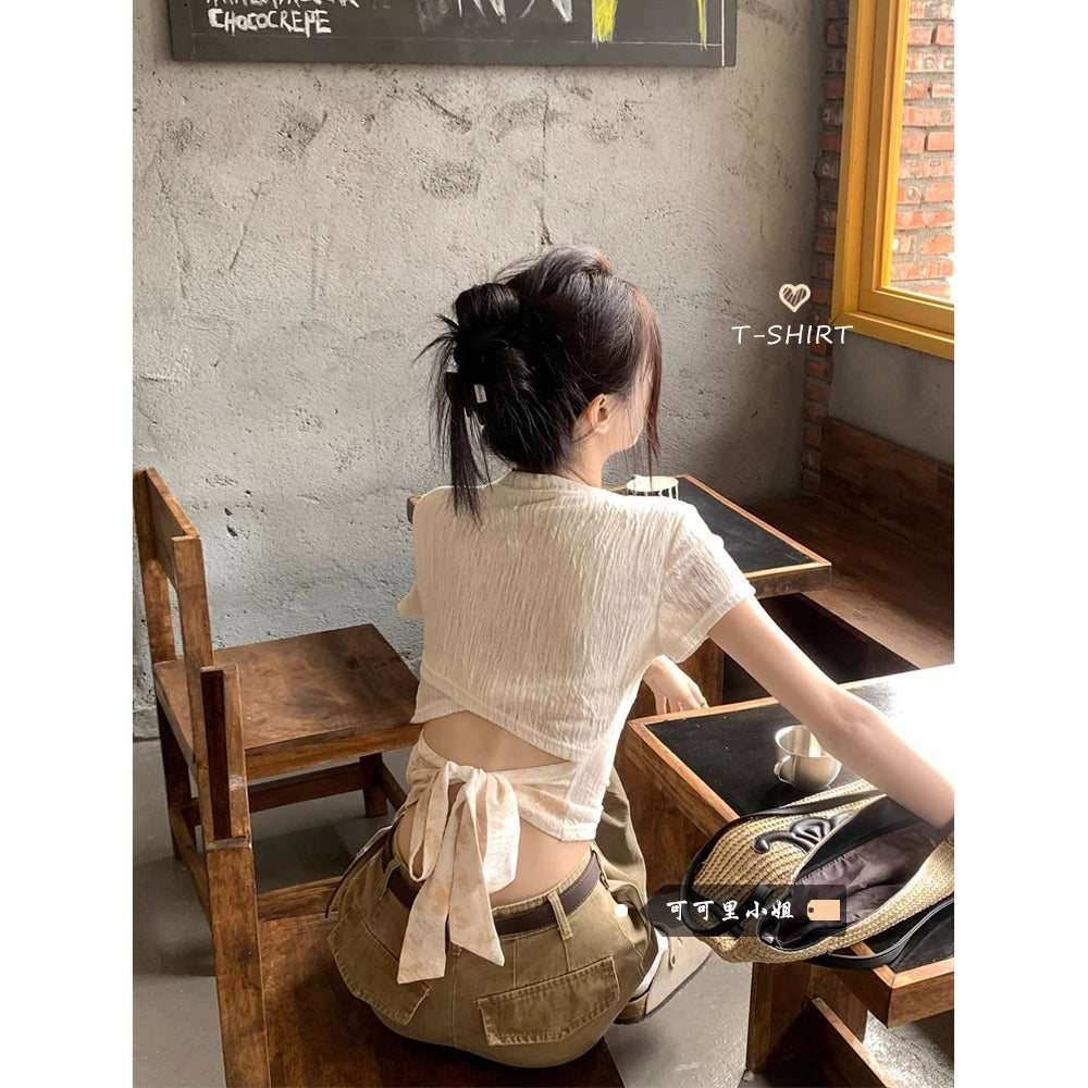 Hole-y Chic — Hollow-Out Strap Short-Sleeve Top
