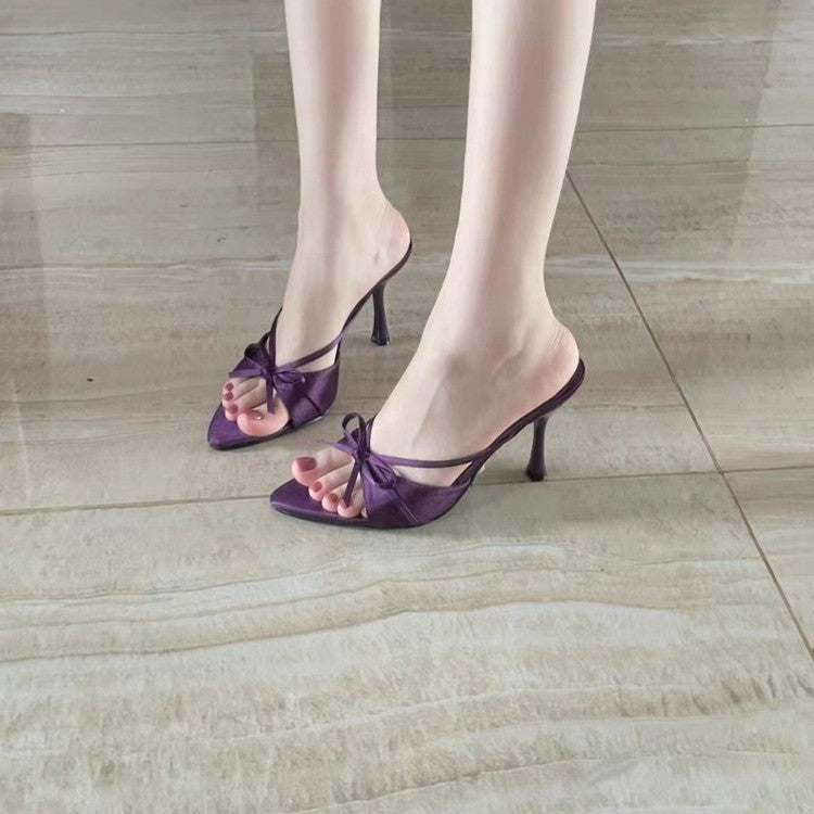 Glam Goals — Satin Open Toe Bow Stiletto Heels, Socialite Style