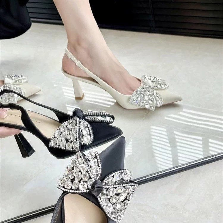 Gemstone Glam — Rhinestone Bow Stiletto Pumps, Wide Fit Closed Toe Heels