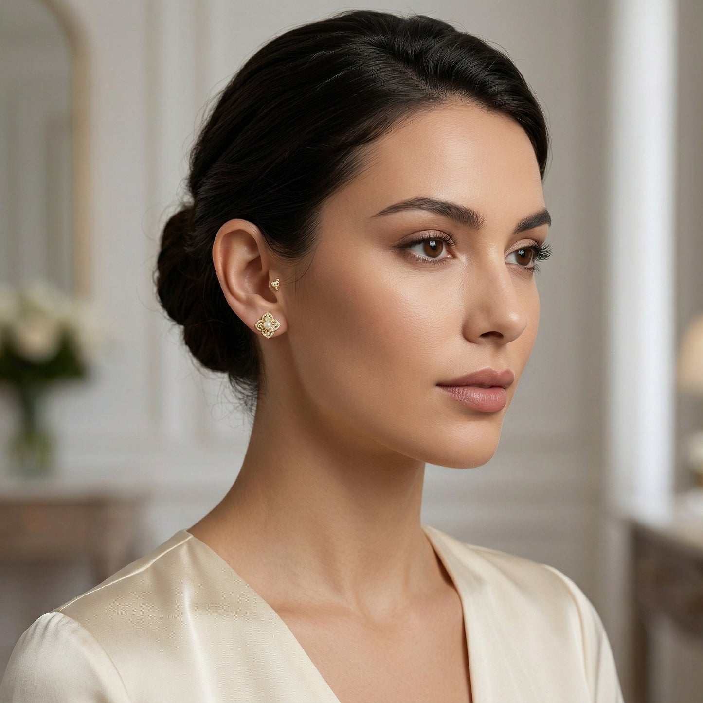 Floral Fancy — Silver Pearl & Diamond Stud Earrings
