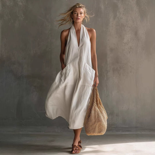 Linen & Loos — Casual Retro V-Neck Linen Slip Dress