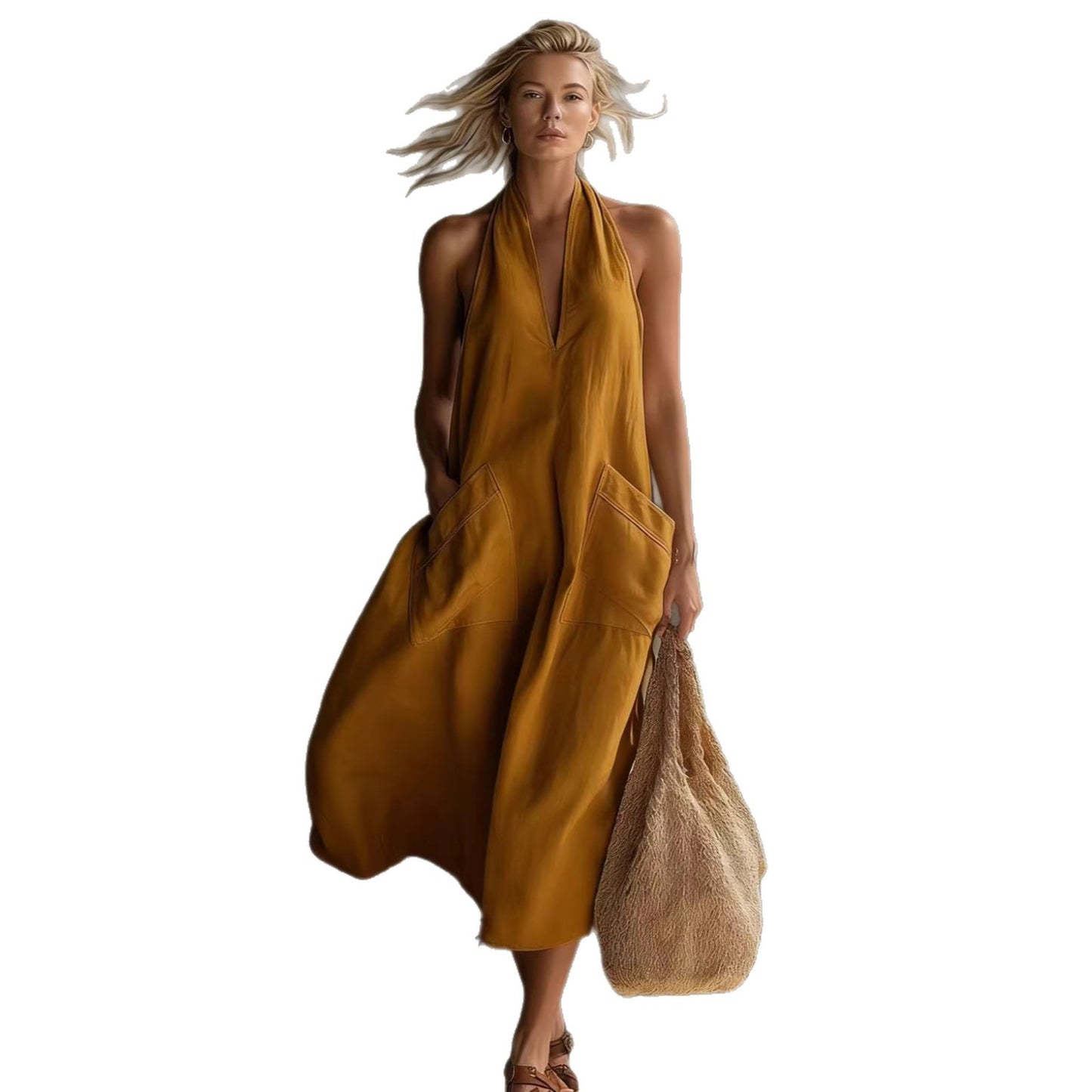 Linen & Loos — Casual Retro V-Neck Linen Slip Dress