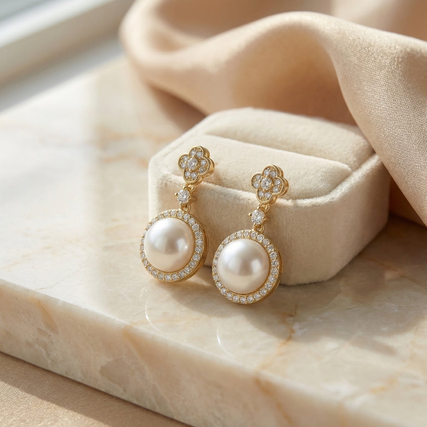 Pearl-fectly Radiant — 925 Silver Pearl Drop Earrings with Diamond Halos