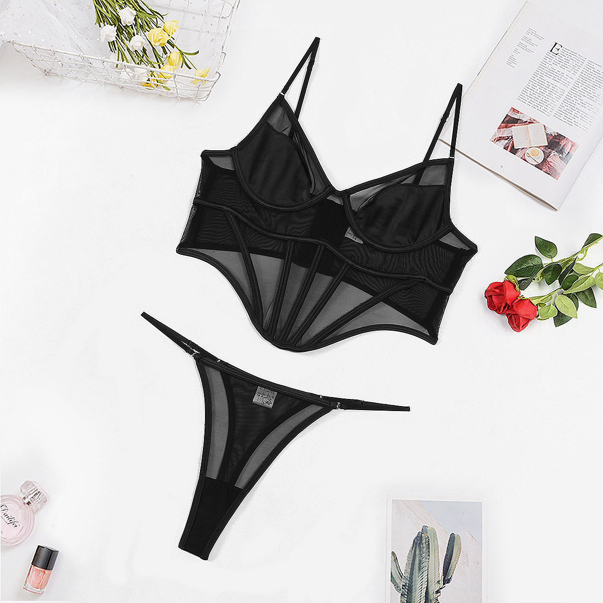 Deep V-ine — Two-Piece Strap Lingerie Set