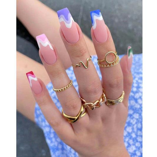 Wavy Wonder — Extra Long Ballerina Frosted Fake Nails, Multi-color