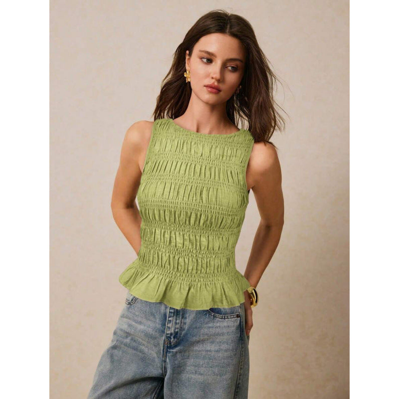 Pleats & Thank You — Solid Crew-Neck Pleated Tank Top