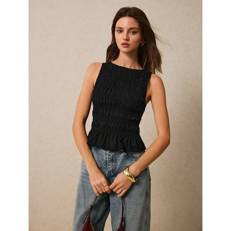 Pleats & Thank You — Solid Crew-Neck Pleated Tank Top