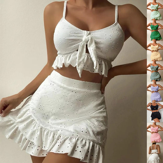 Ruffle & Roll — 3-Piece Bikini Set w/ Hip-Hug Skirt
