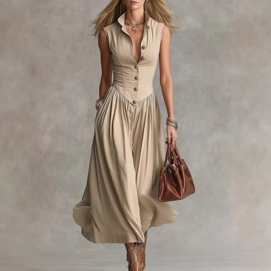 Lapel of Luxury — Long Sleeveless Dress with Lapel Collar