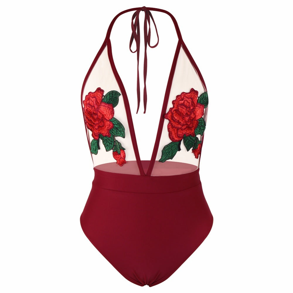Embroidered Allure — Halter Siamese Bikini Lingerie