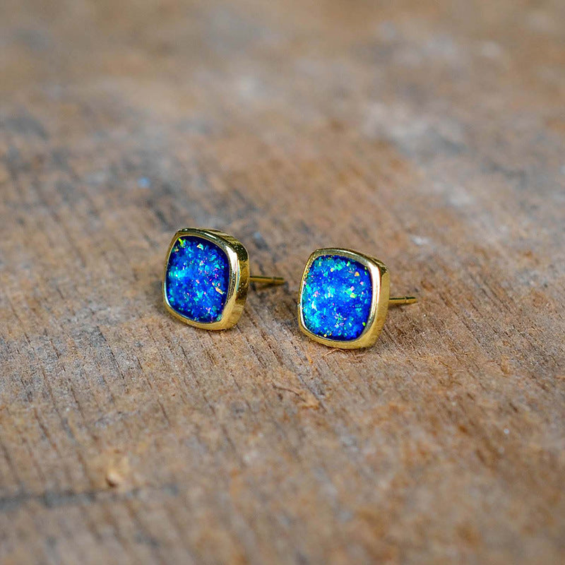 Opal-timistic Style — Square Blue Opal Natural Stone Stud Earrings