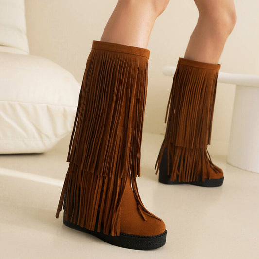 Fringe Benefits — Tassel Thick-Soled High-Heel Wedge Boots
