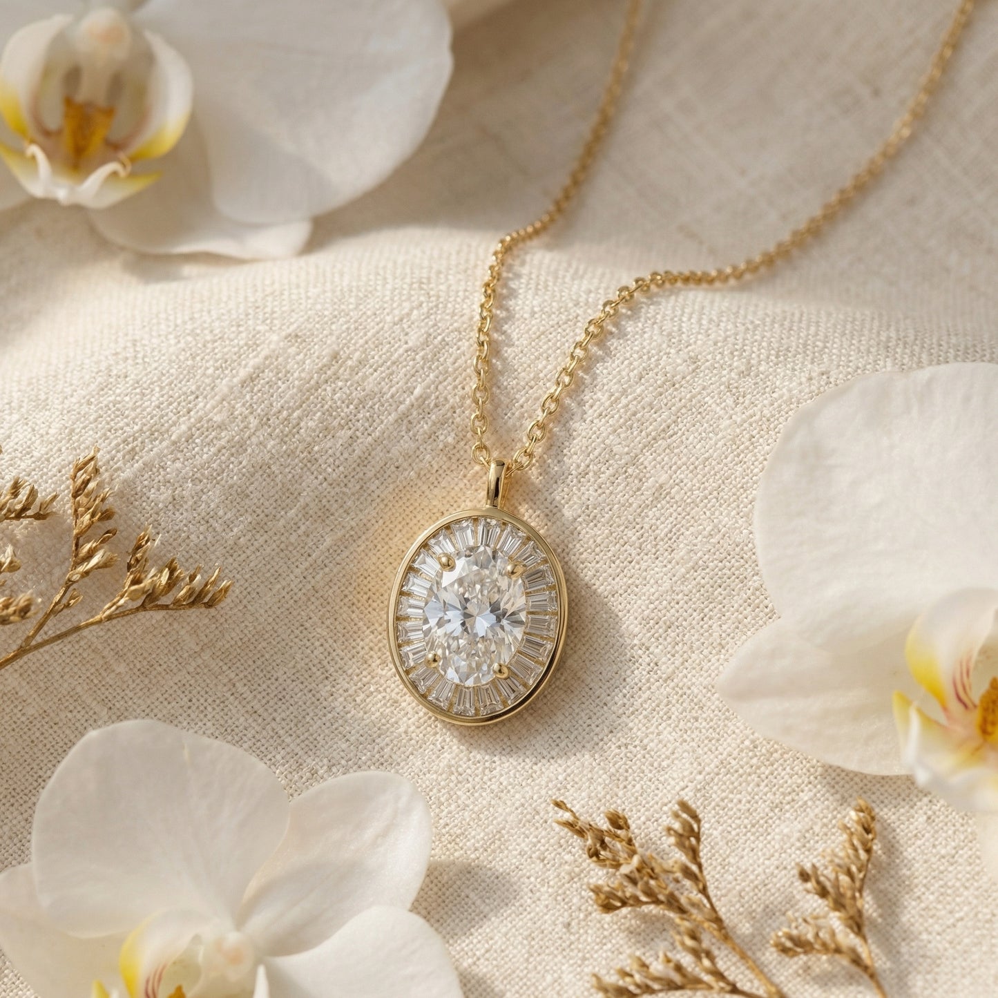 Sunburst Baes — Oval Diamond Sunburst Pendant, 925 SS