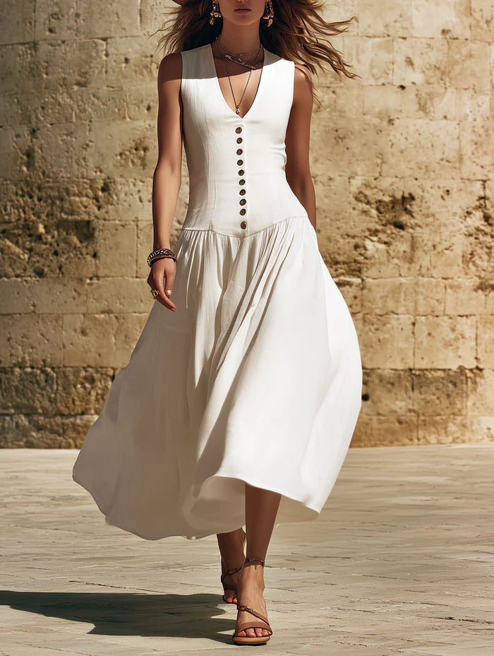 Button Up, Buttercup — V-Neck Cotton-Linen Dress
