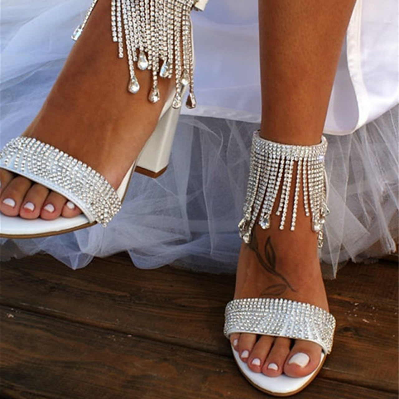 Shine On — Rhinestone Chain Chunky Heel Sandals