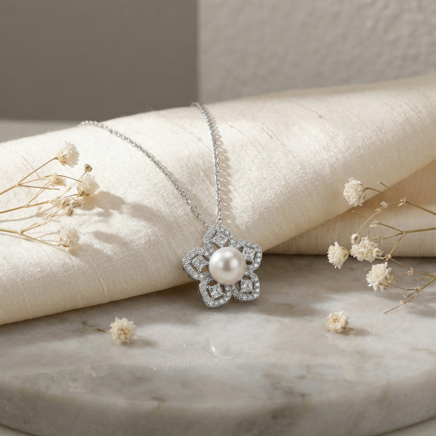 Floral & Fine — Pearl & Diamond Flower Pendant, 925 Sterling