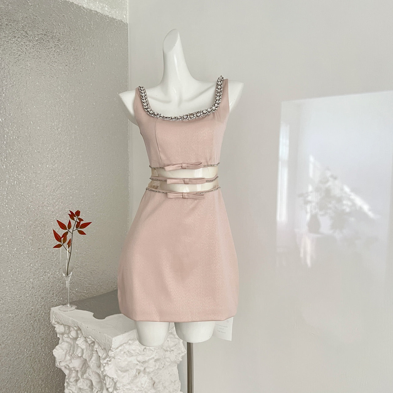 Blush & Bows — Sleeveless Rhinestone Collar Cocktail Dress