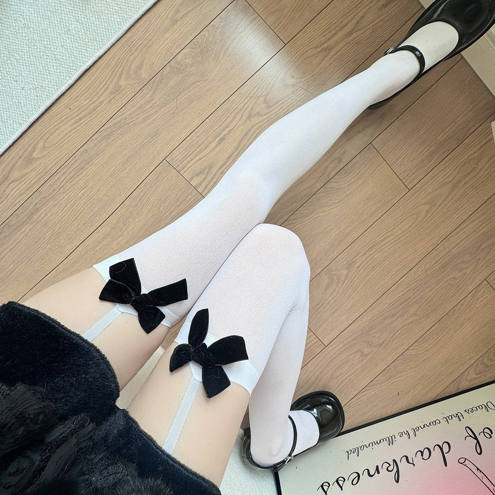 Bow-tiful Legs — Velvet Bow Thigh High Garter Socks