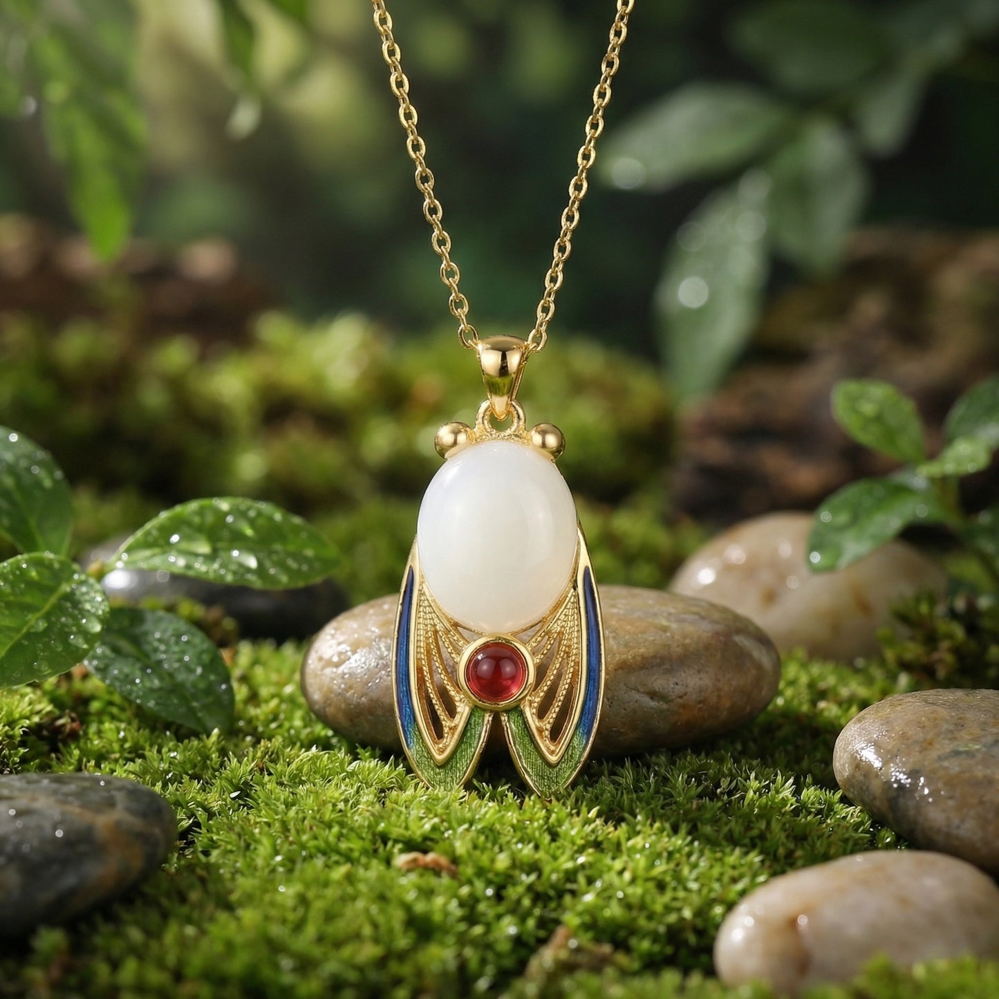 Chic Cicada — .925 Silver Enamel Cicada Gem Necklace