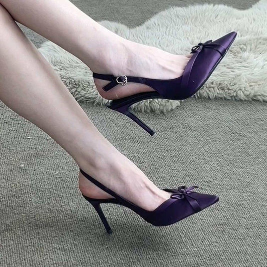 Bow Down — Satin Pointed Toe Stiletto Heels with Bow, Spring/Summer