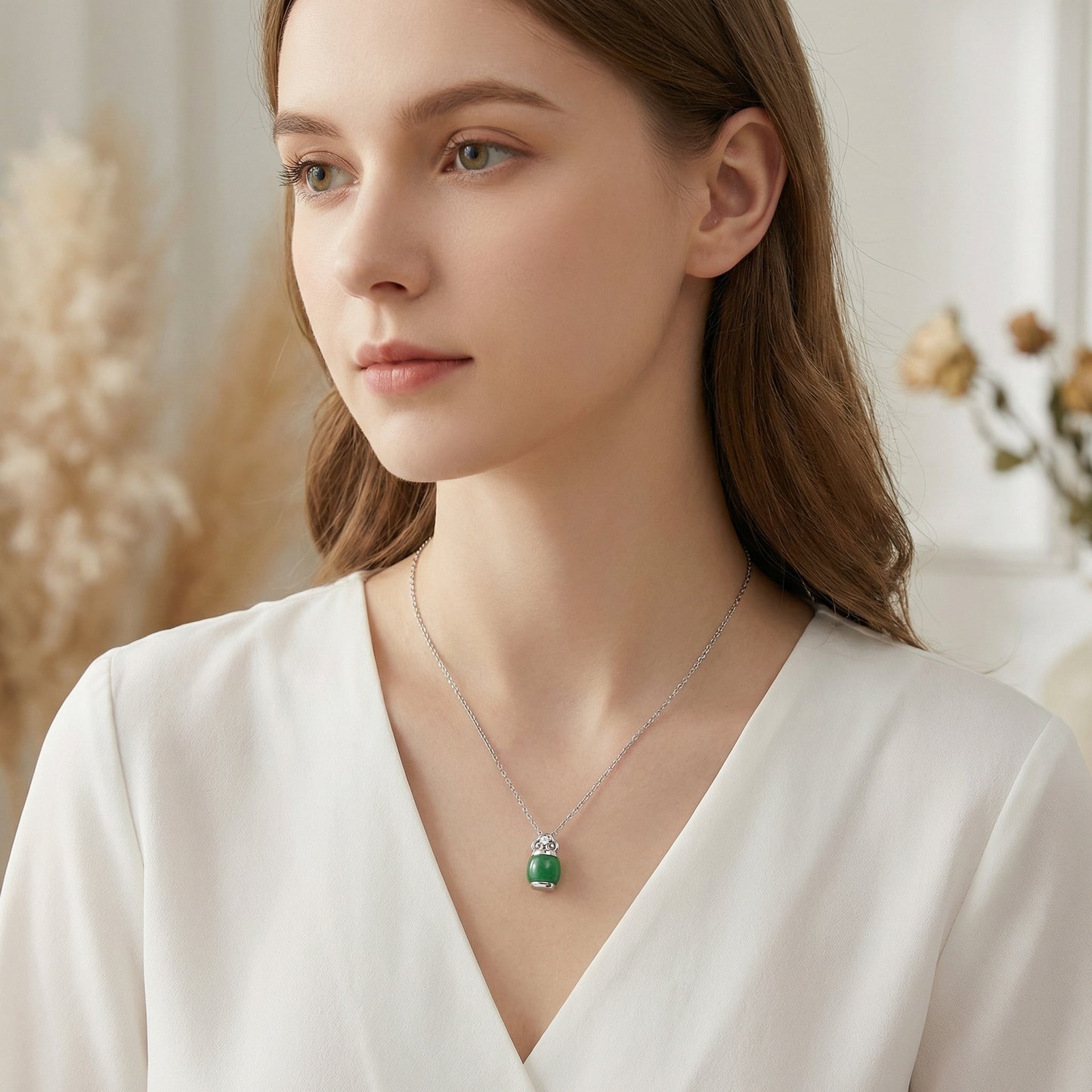 Barrel Bling — .925 Silver Green Jade Barrel Necklace