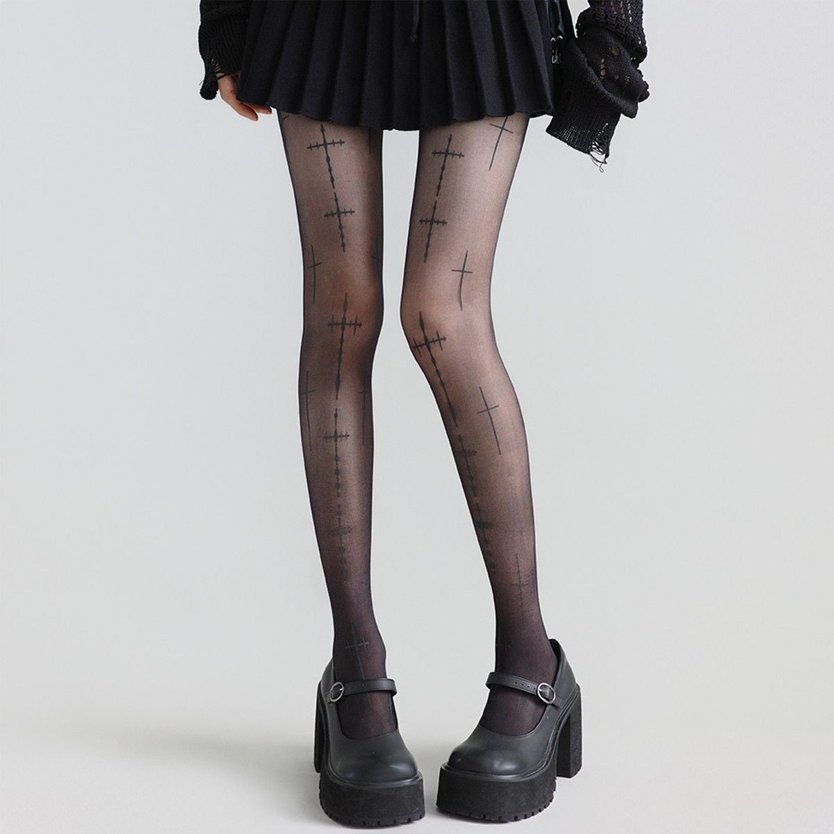 Cross My Heart — Printed Cross Black Silk Pantyhose
