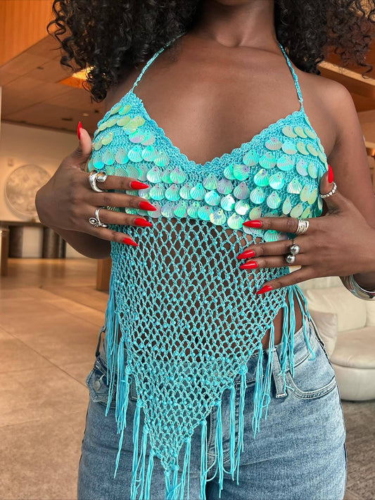 Sparkle & Sway — Sequined Tassel Camisole for Vacations