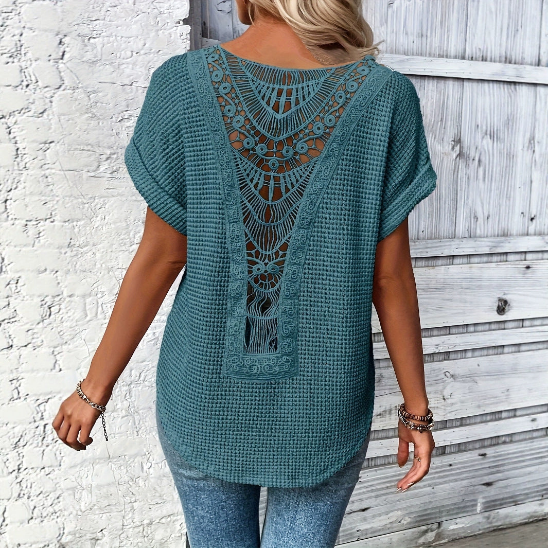 Lace Embrace — Versatile Lace-Patchwork Short-Sleeve Top