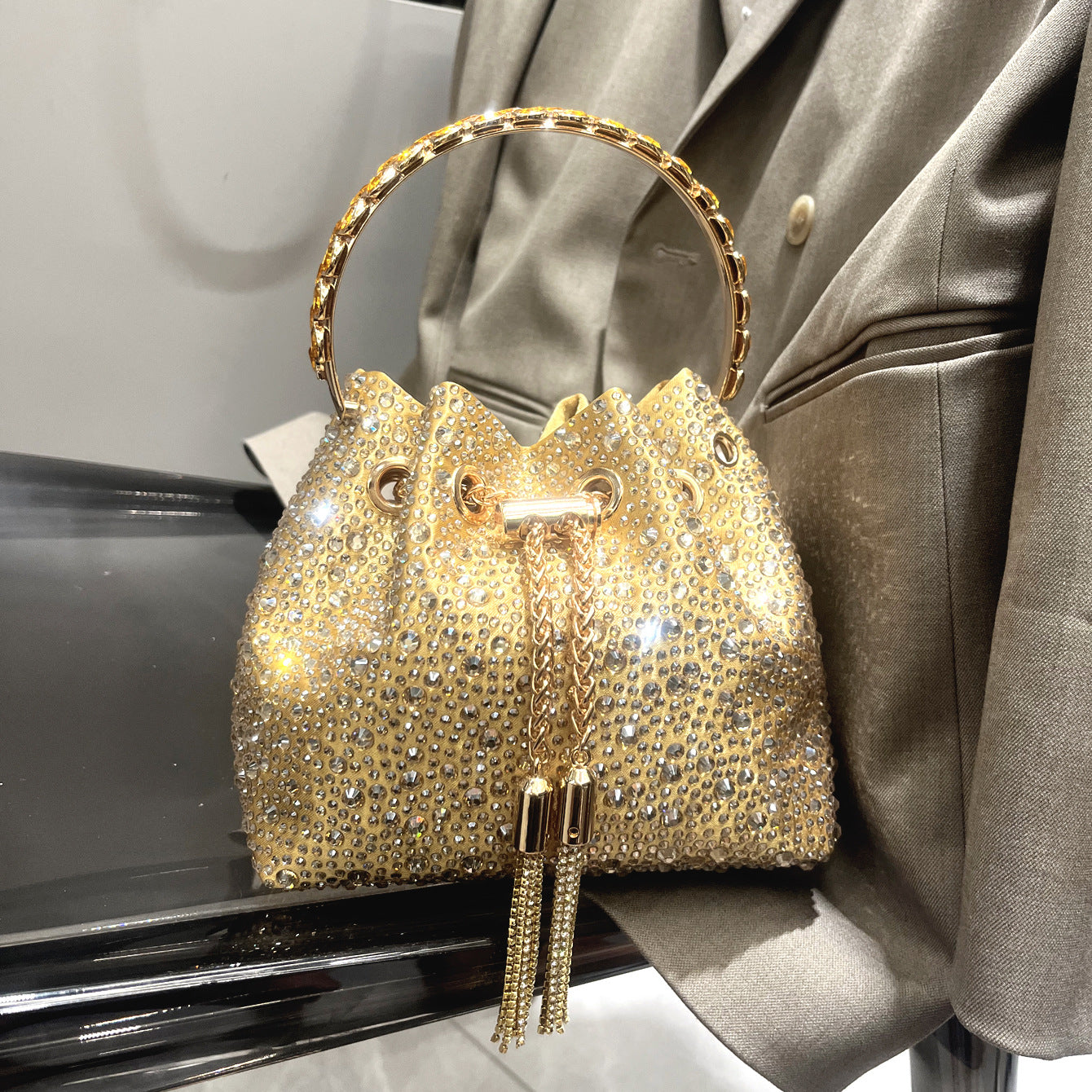 Shine On — Drawstring Rhinestone Crossbody Handbag