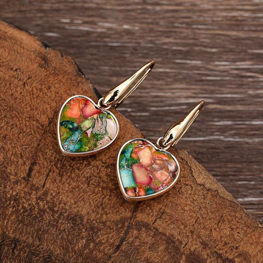 Heartfelt Hues — Natural Stone Heart Pendant Earrings, High-end Texture