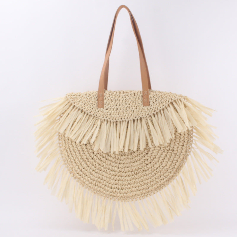 Tassel Twirl Bag — Semi-circular Straw Shoulder Bag with Tassels