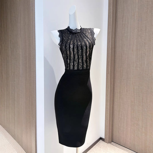 Lace It Up — Black & White Bodycon Midi