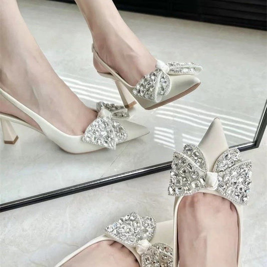 Gemstone Glam — Rhinestone Bow Stiletto Pumps, Wide Fit Closed Toe Heels